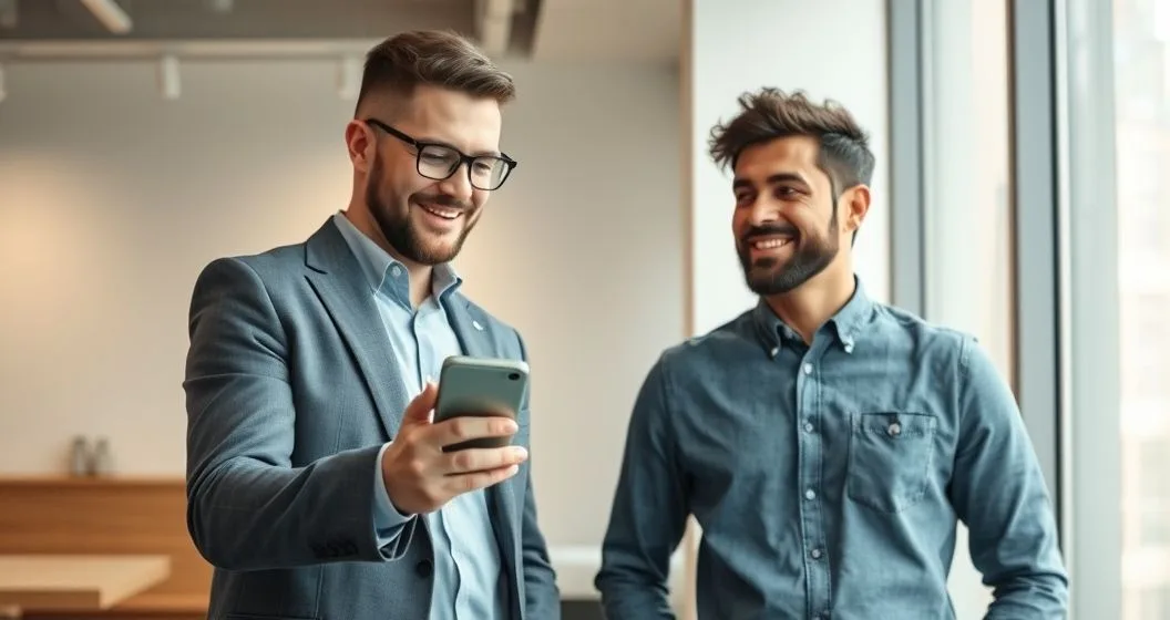 HR manager shows an employee a payroll app offering early wage access while the employee looks relieved in a modern office