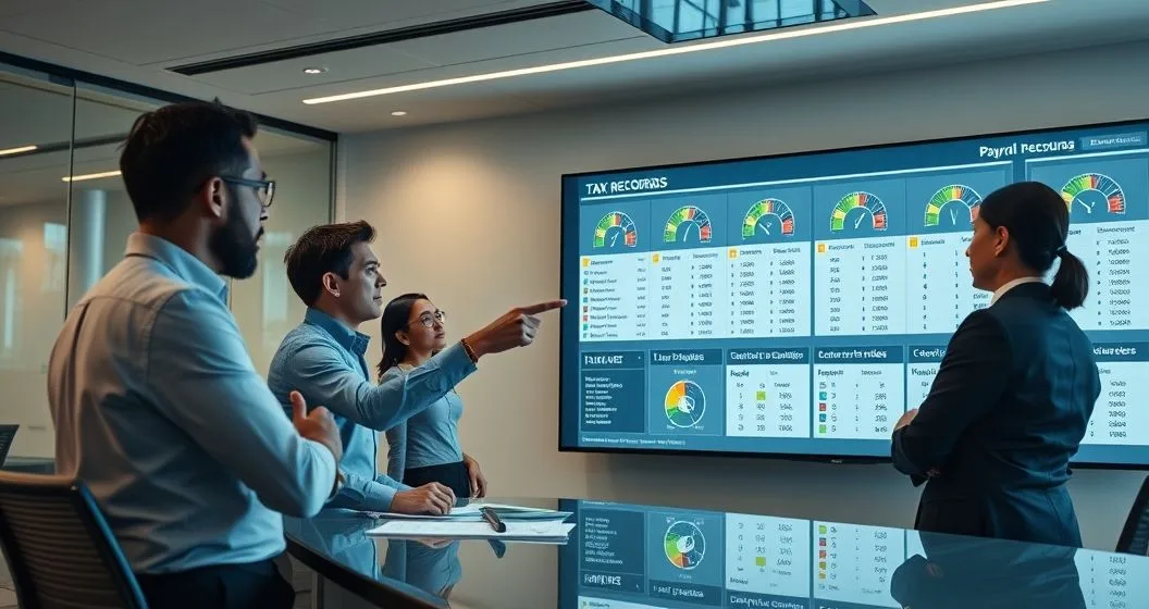 Diverse tax analysts examine a large monitor showing anonymized payroll records with highlighted mismatches and color coded risk gauges in a modern conference room
