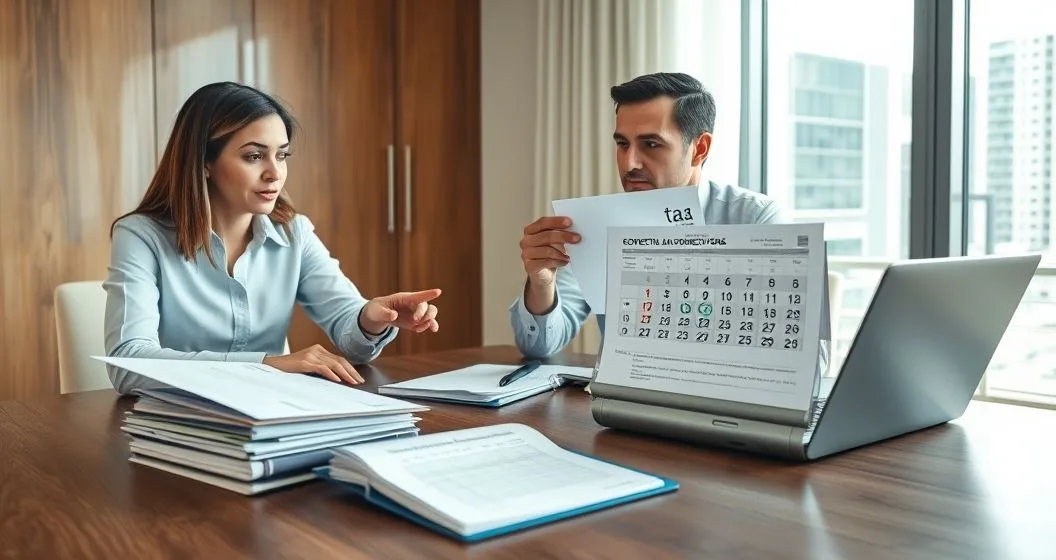 Payroll manager and tax advisor reviewing a circled date on a paper calendar while correcting a payroll deposit on a laptop in a modern office.