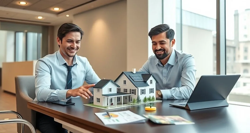 Mortgage advisor and homeowners review a tablet showing a 3D home with solar panels and energy icons at a bright modern table with insulation sample and HVAC brochure