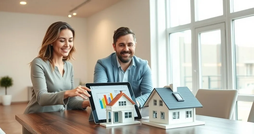 Mortgage advisor and energy assessor review thermal energy assessment on a tablet and a model house with solar panels while advising a diverse couple in a modern meeting room.