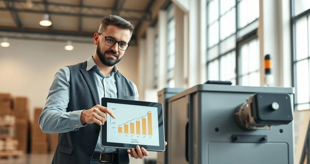 Lender and small business owner in a warehouse office reviewing equipment with a tablet showing a depreciation chart and the machine in the background.