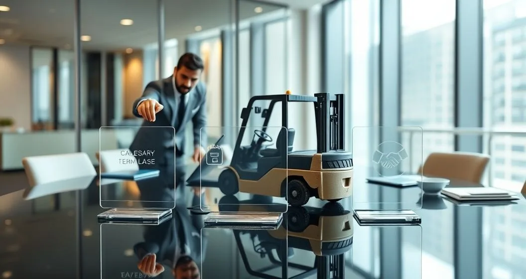 Three professionals in a modern conference room examining a forklift model and acrylic cards with icons representing lease loan and rent to own