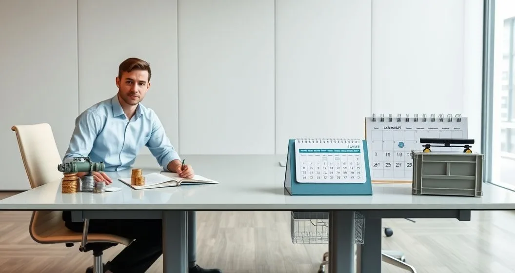 Two professionals at a conference table comparing ownership props like a model machine and coins with leasing props like a lease folder and calendar to illustrate cost taxes and flexibility