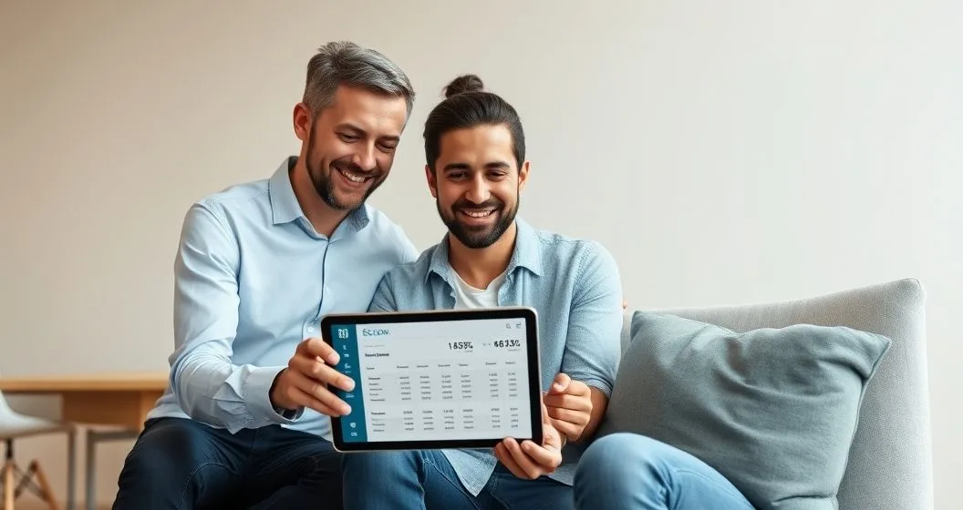 Mortgage servicer and diverse homeowners reviewing a tablet showing segmented escrow allocations for property taxes insurance and a small cushion in a modern office