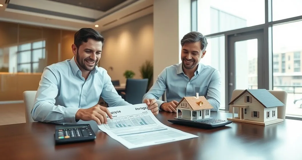Mortgage servicer explains escrow analysis to homeowner with a small house model and calculator on a minimalist table