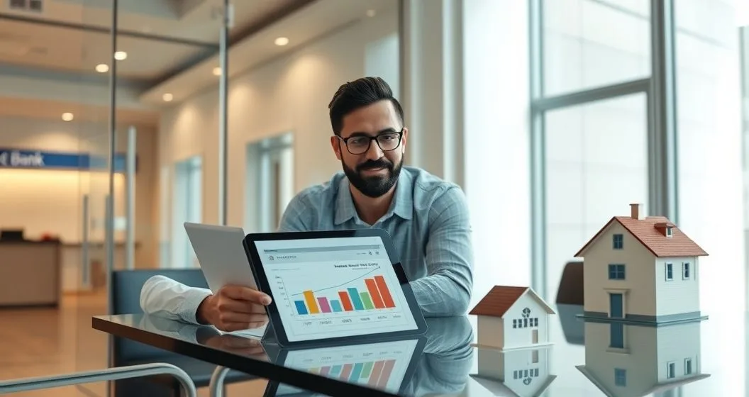 Loan officer and homeowner reviewing an escrow analysis on a tablet and paper with a small model house on a clean conference table