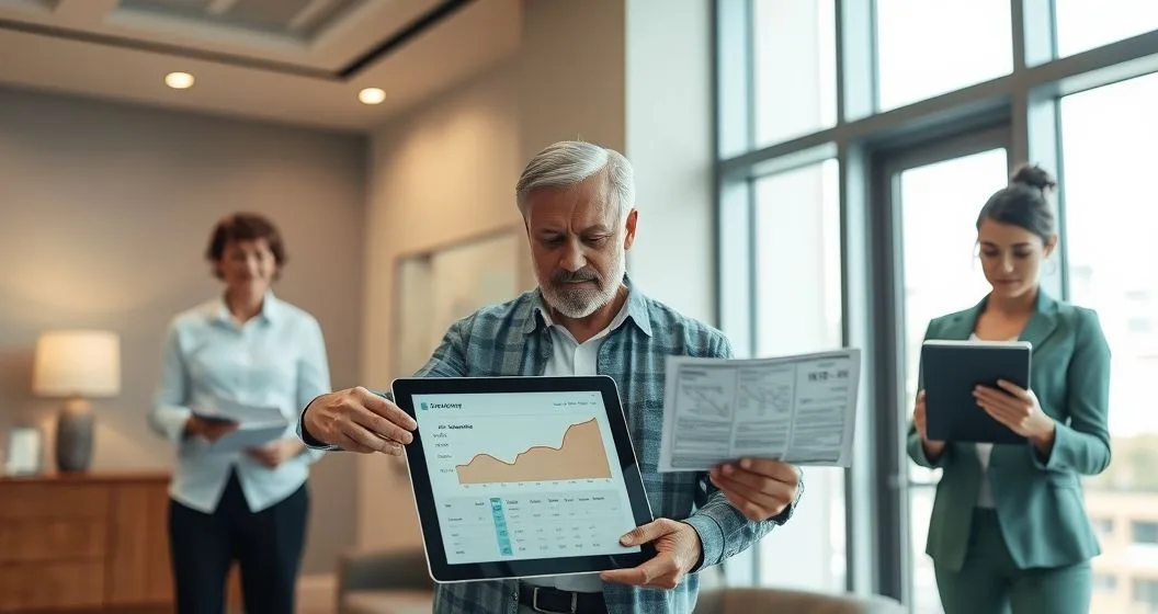 Homeowner meeting a mortgage loan officer at a conference table as the officer points to a tablet showing an escrow account shortfall while a staff member holds a calculator
