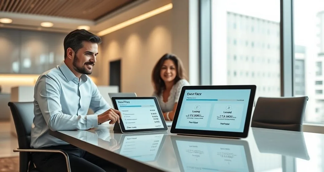 Loan officer shows homeowners an escrow account shortfall and repayment options on a tablet