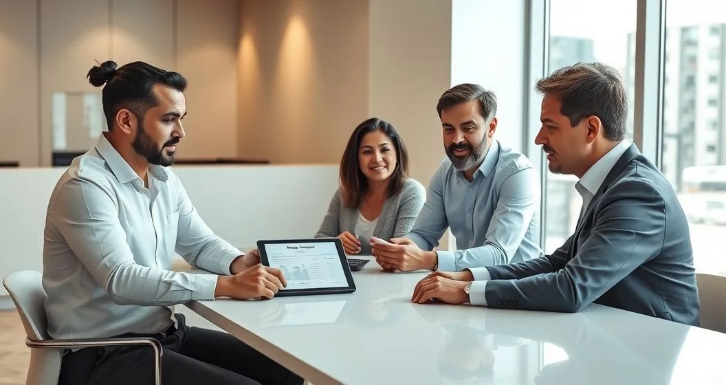 Loan officer explains escrow shortfall repayment options to a pair of homeowners over a tablet and calculator in a modern bank office