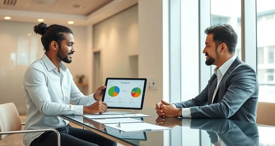 Mortgage advisor points to a tablet with a pie chart showing payment allocation while a homeowner reviews mortgage documents in a modern meeting room