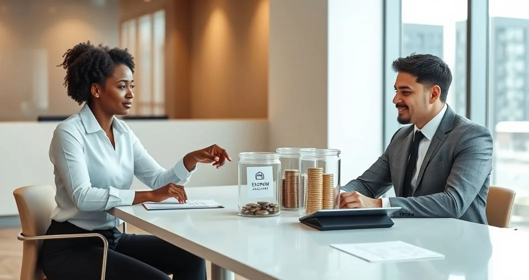 Loan officer explaining escrow and reserve accounts to a borrower using two clear containers and loan documents in a modern office.