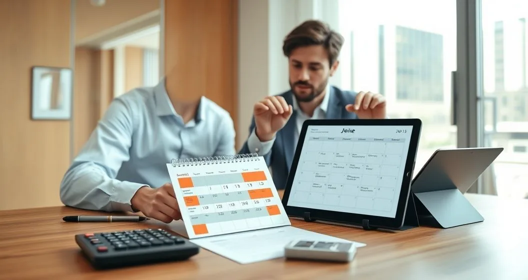Small business owner and accountant reviewing a calendar and tablet on a clean meeting table with invoices and a calculator