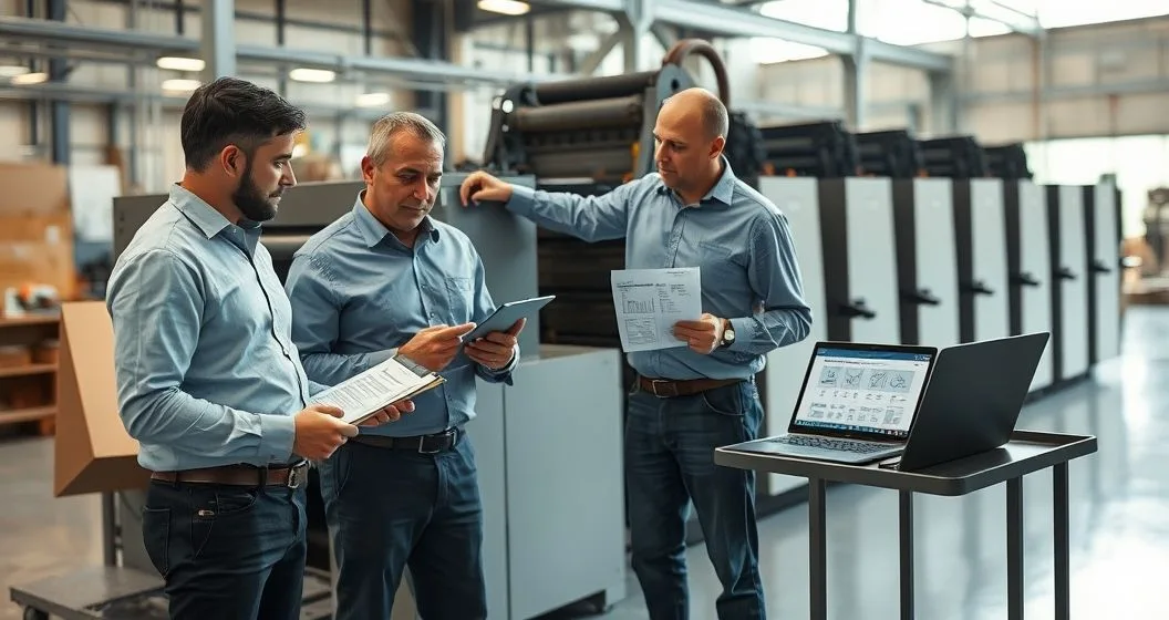 An appraiser and lender examine an industrial printing press on a factory floor while reviewing valuation charts on a tablet and a visible UCC1 form on a clipboard