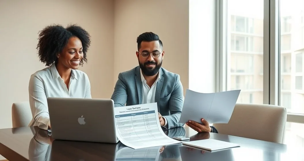 A diverse homebuyer and two advisors in a modern conference room examine a laptop and a printed checklist as they evaluate loan servicer responsiveness escrow management fees and online tools.