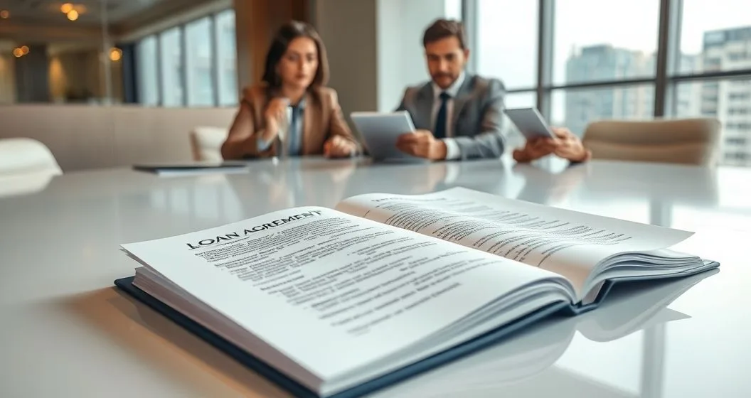 Loan agreement open to Events of Default and Remedies clauses on a conference table with a lawyer pointing to a clause and borrower listening