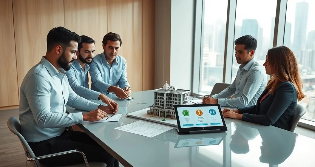 Diverse professionals around a conference table with a scale model of a property and a tablet showing icons for sale refinance rental and alternative payoff