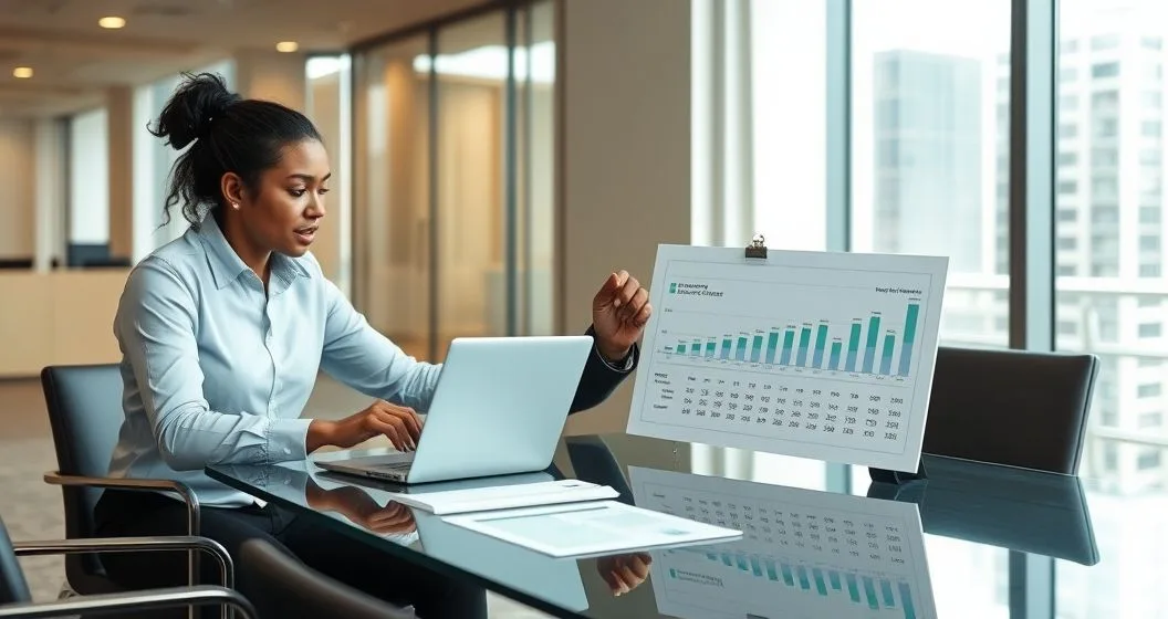 Advisor and client examining laptop and printed charts comparing short and extended loan amortization schedules in a modern office.