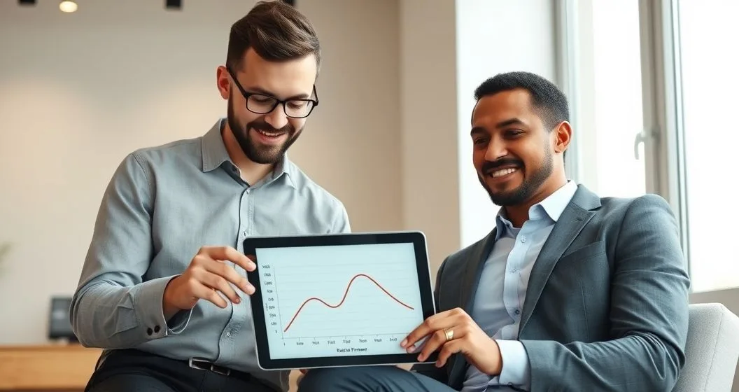 Advisor and client view tablet with two downward loan balance curves showing faster payoff after extra principal payments in a modern office