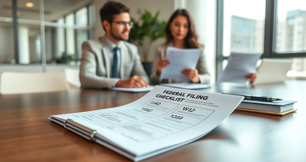 Tax advisor pointing to a federal filing checklist on a desk with labeled 1040 W-2 and 1099 forms