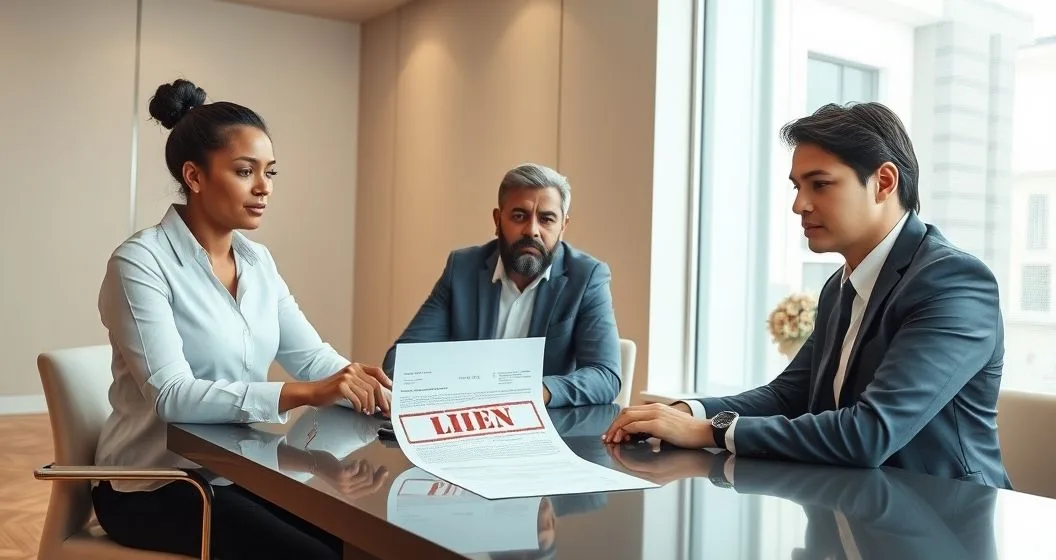 Homeowners consult a mortgage officer over a property title stamped LIEN