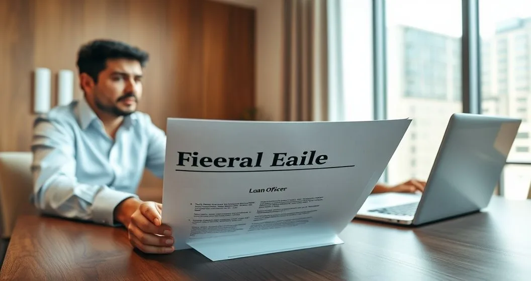 Title agent and loan officer review a folder labeled Federal Tax Lien with a homeowner, a property title certificate, and a laptop showing a blurred credit score