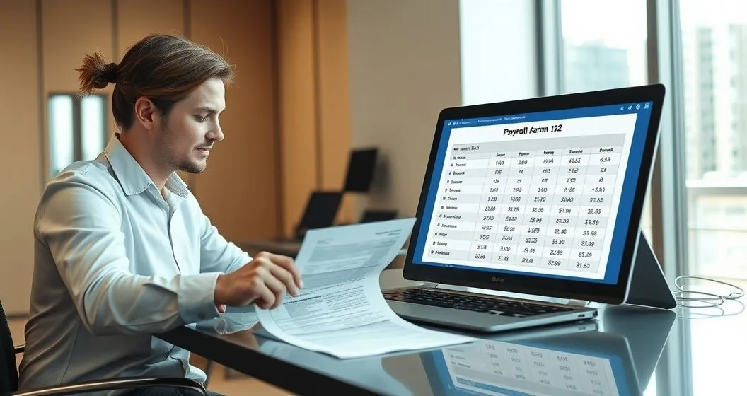 Payroll specialist and employee reviewing Form W4 and payroll software withholding calculations in a modern office.