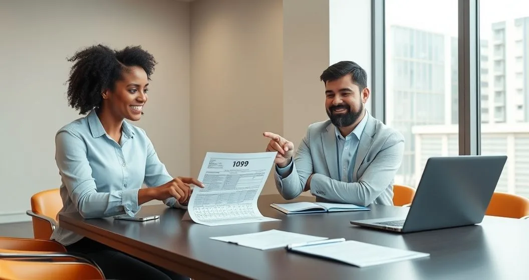 Gig worker and tax advisor reviewing a 1099 form and a quarterly estimated tax calendar at a conference table with a laptop showing tax calculations