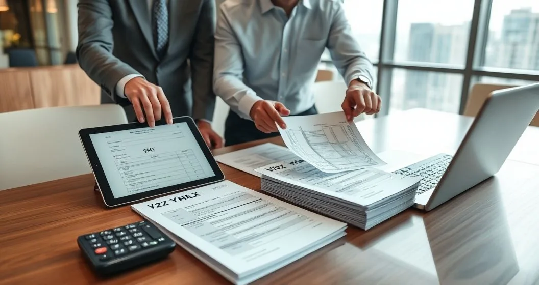 Two payroll professionals at a clean conference table reviewing a tablet showing Form 941-X and a stack of W-2c forms while pointing to corrected figures
