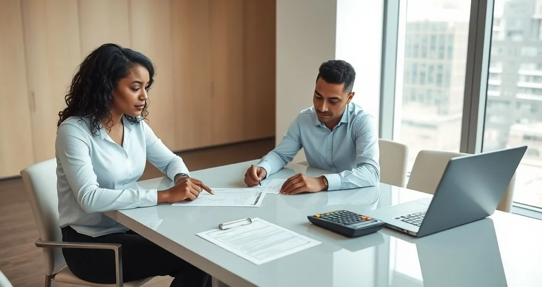 Tax advisor and client review a printed Form 1040 and checklist at a modern conference table