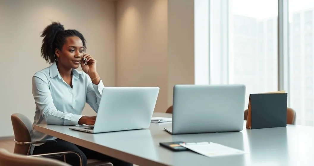Tax professional submitting an overdue tax return electronically with client arranging payment and visible ID and flagged documents.