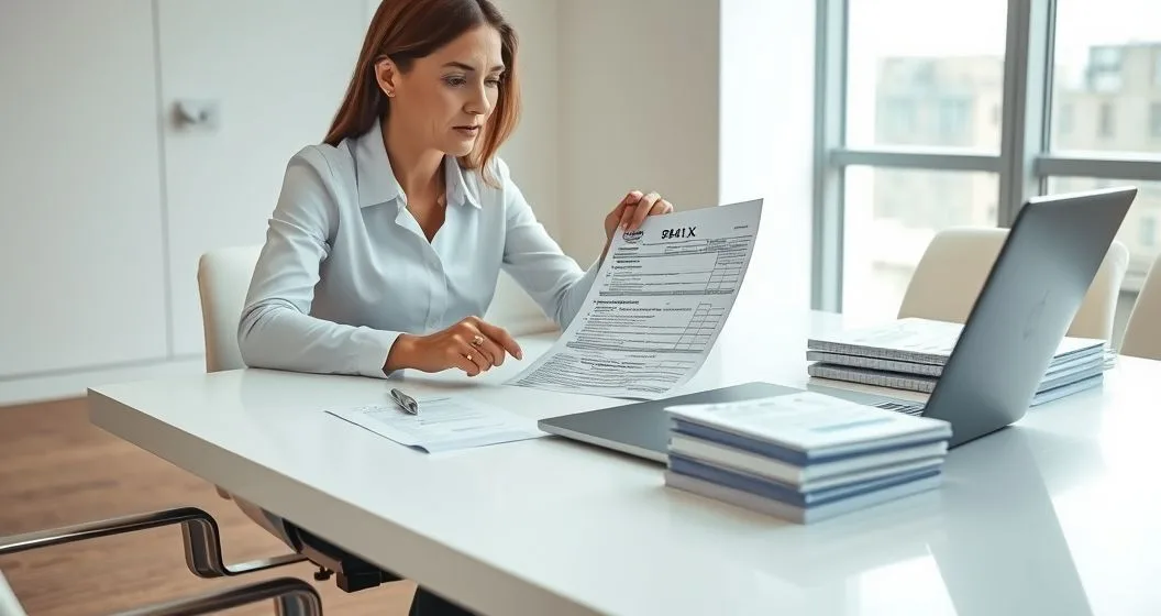 Payroll specialist reviewing amended Form 941-X and W-2c at a conference table with laptop and employee records