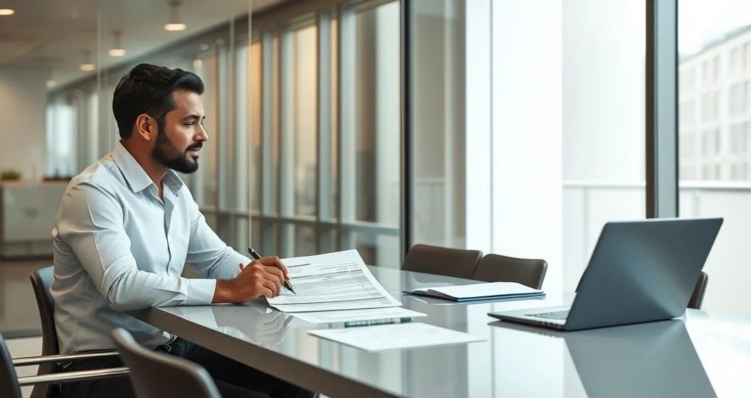 Tax advisor and client reviewing amended federal and state tax forms on a conference table in a modern office