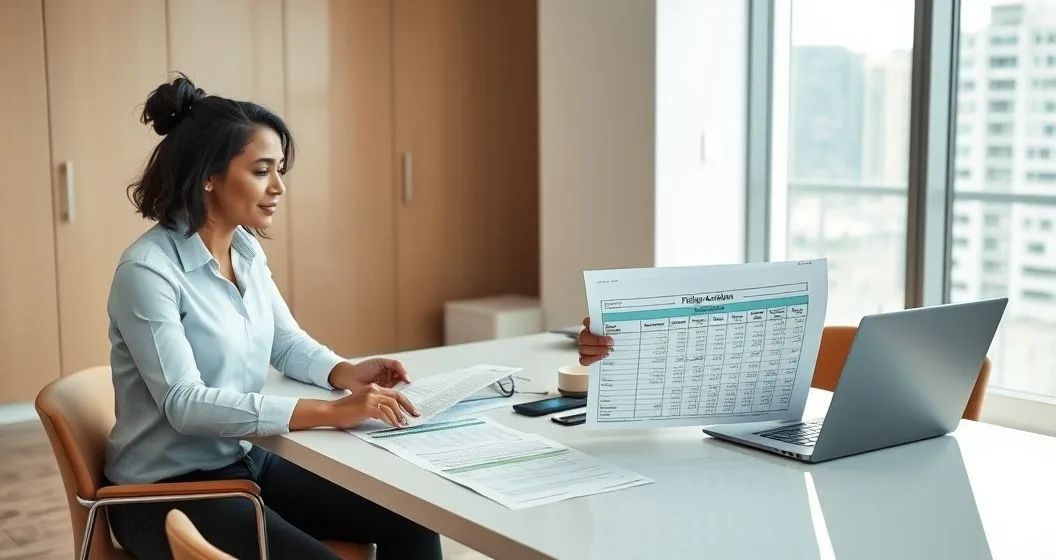 Tax advisor and recently divorced client reviewing tax documents and laptop in a modern office to determine filing status dependents and alimony reporting