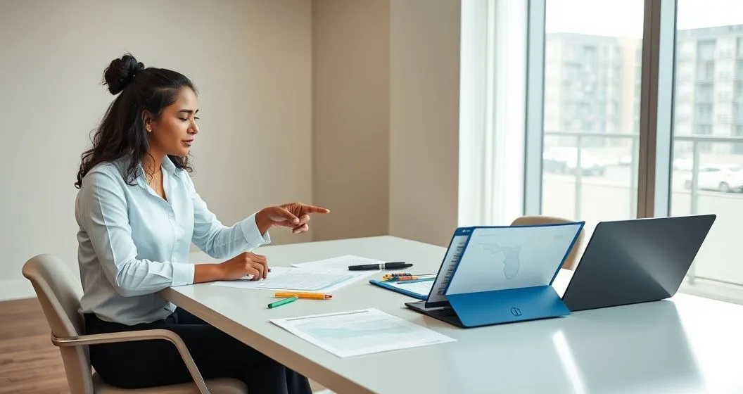 Tax advisor and clients reviewing multiple state tax documents and folders with state outlines at a modern conference table