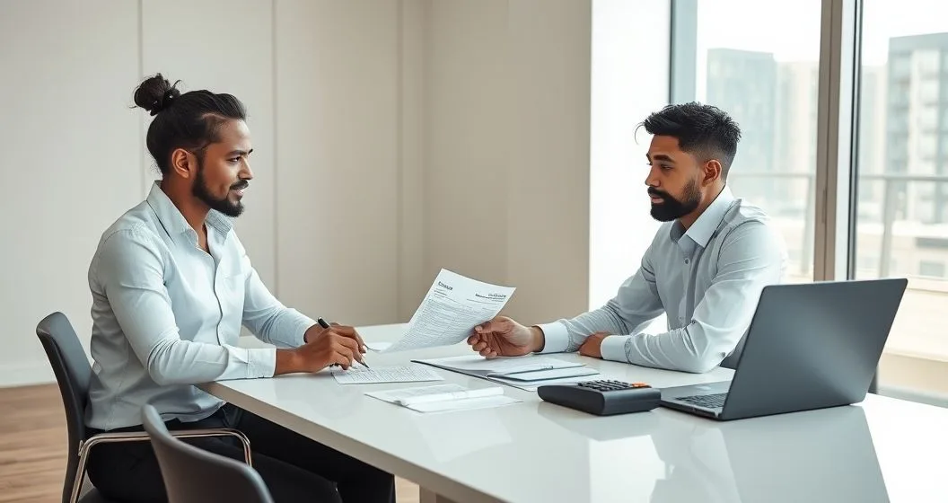 Small business owner signing a tax return while a tax advisor points to forms on a clean conference table in a modern office