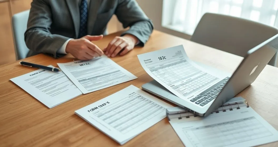 Tax professional and client reviewing original W-2 and corrected W-2 labeled W-2c while preparing Form 1040-X on a laptop at a clean conference table