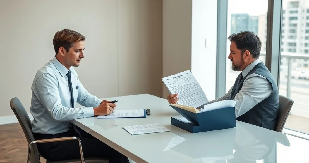 Tax professional and client preparing a formal examination protest packet at a conference table