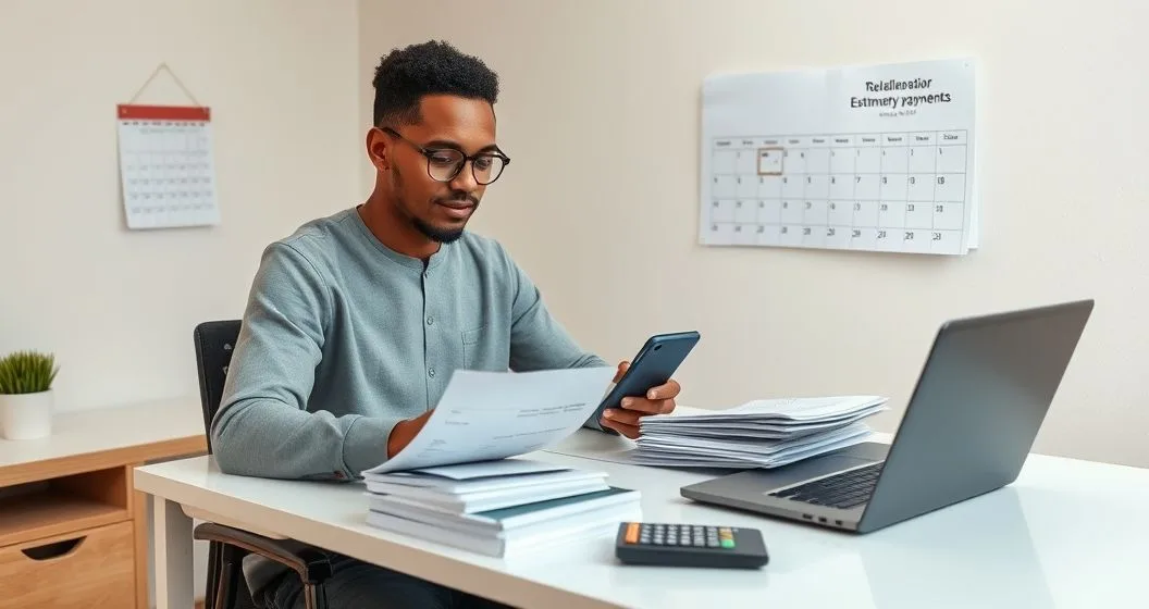 Gig worker at home desk organizing tax documents with laptop phone calculator and calendar