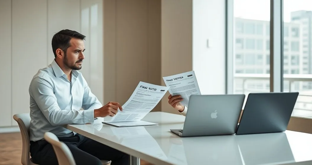 Tax advisor pointing to a final notice document while a concerned taxpayer reviews options on a laptop in a modern office.