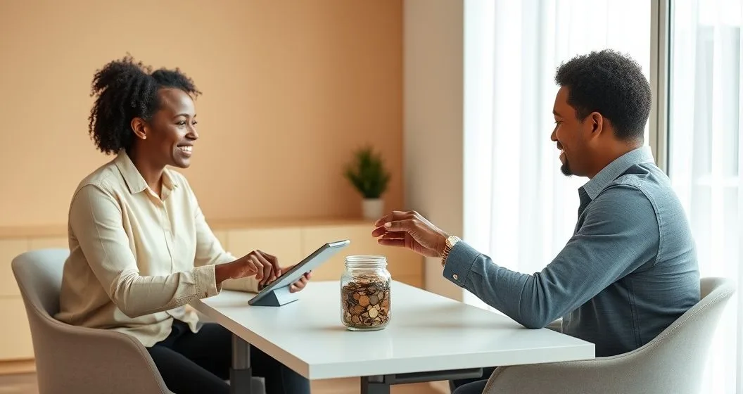 A financial coach points to a savings graph on a tablet while a client adds coins to a glass jar in a modern counseling room
