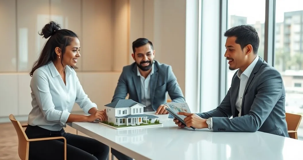 Three diverse professionals at a conference table pointing at a tablet showing icon based financing pathways and a small vacation rental model on the table