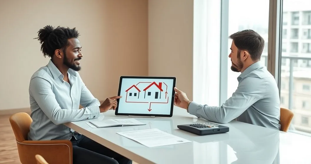 Homeowner and mortgage advisor review a tablet schematic and loan documents illustrating buying a second property while the first mortgage remains