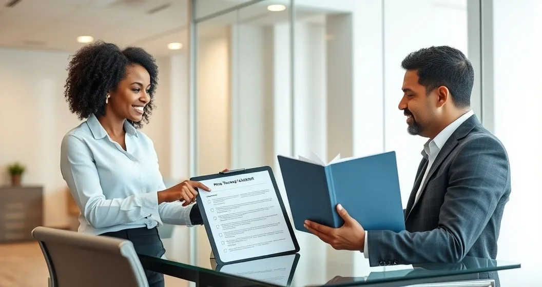 Tax advisor and client reviewing a tablet checklist and a folder labeled First Time Penalty Abatement in a modern office.