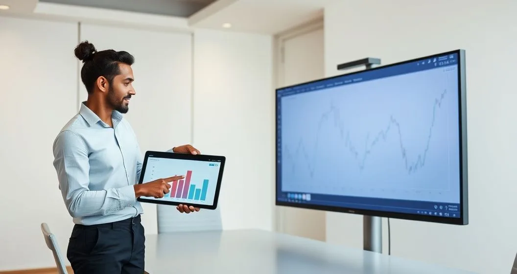 Two finance professionals in a modern conference room comparing a steady bar chart on a tablet with a fluctuating line graph on a monitor to illustrate fixed and floating loan options