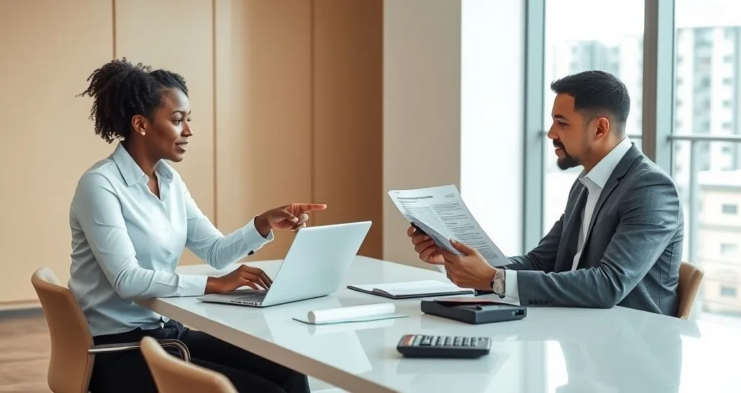 Tax advisor and client review a rejected electronic tax return on a laptop while preparing corrected documents