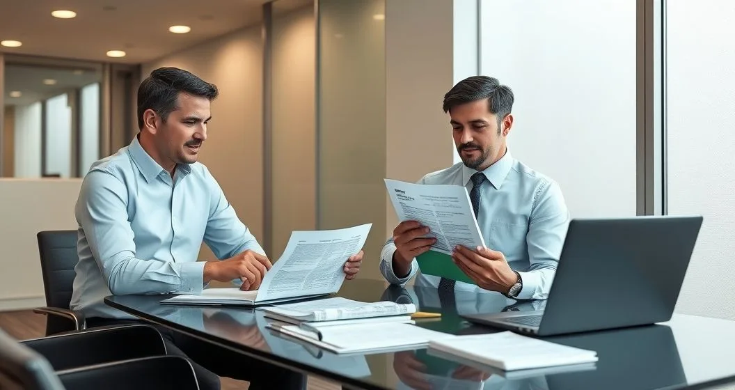 Tax preparer and client at a conference table comparing 1099s and bank statements and organizing supporting documents in a modern office