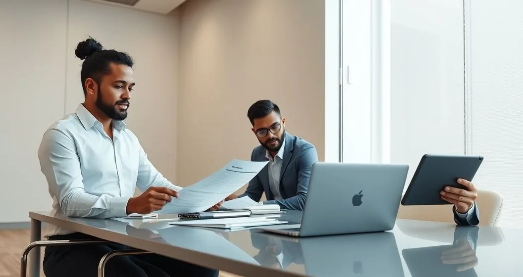 Loan officer and applicant at a bank conference table reviewing documents with a laptop showing a subtle alert and a supervisor viewing a tablet