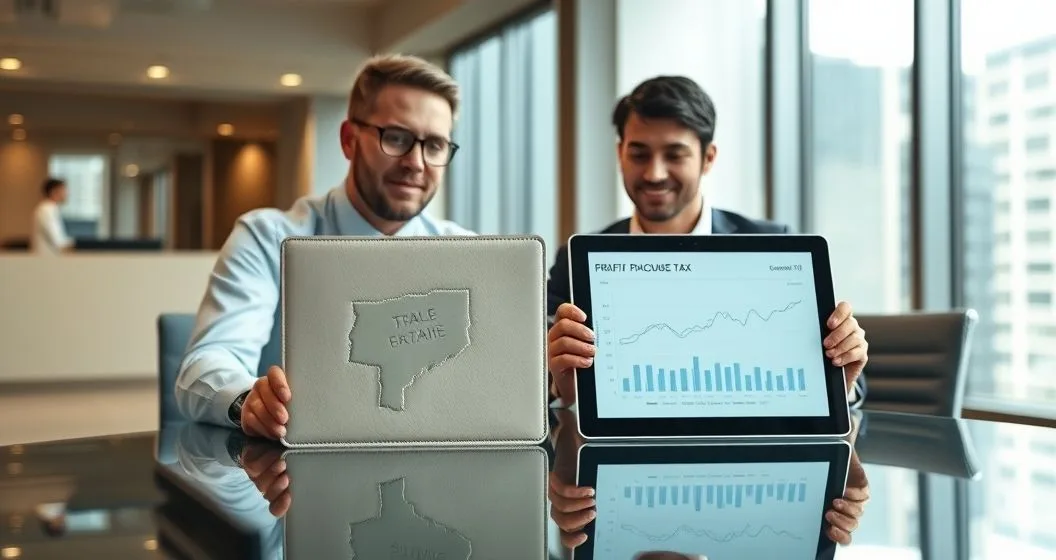 Two professionals at a conference table comparing an embossed folder with a state seal and a tablet showing a profit and loss chart illustrating franchise tax versus income tax