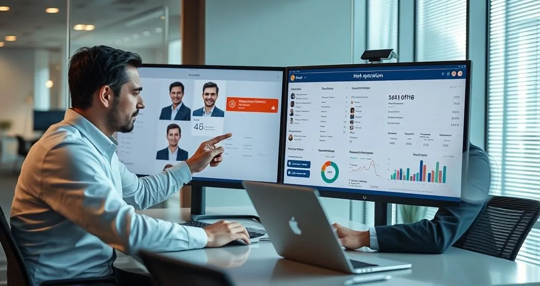 Two financial professionals reviewing a flagged online loan application on monitors showing identity verification and risk indicators